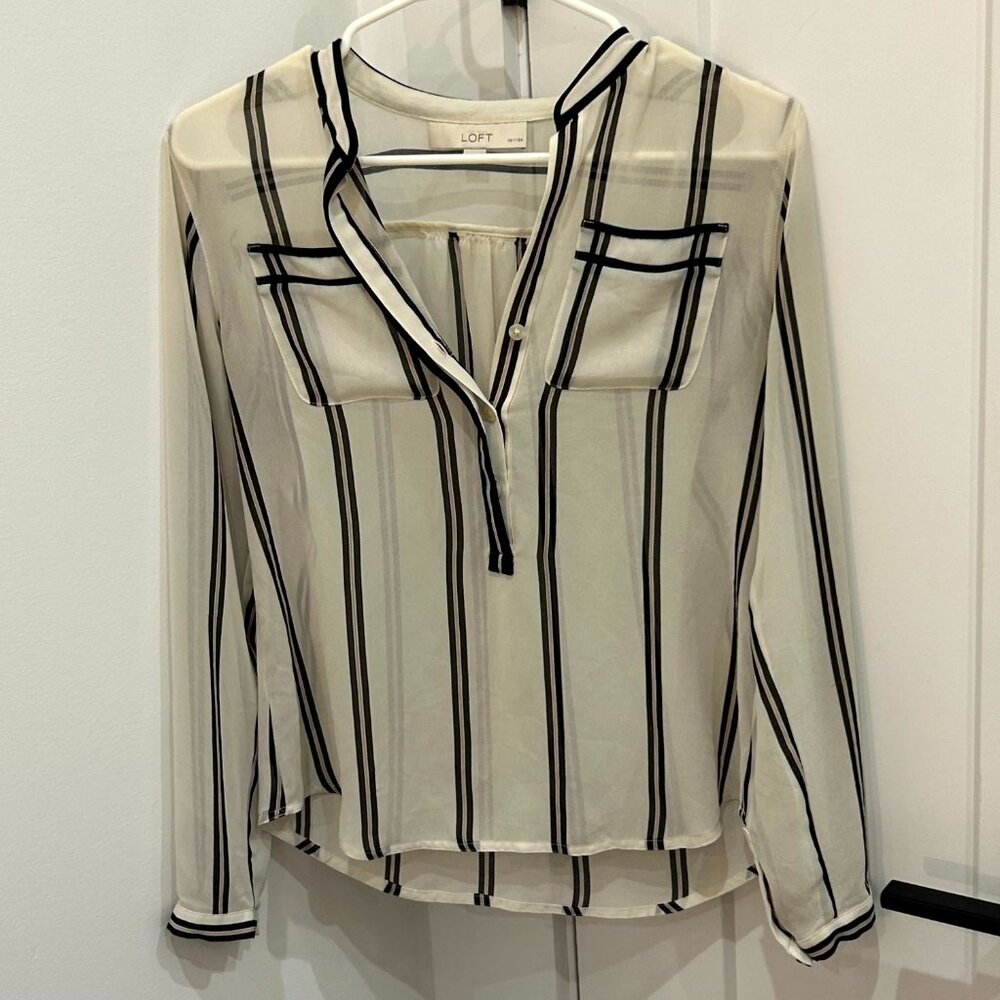 Loft Petite Half-Button V Neck Sheer Striped Blouse - Size SP